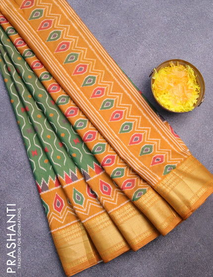 Semi tussar saree green shade and mustard shade with allover prints and zari woven border