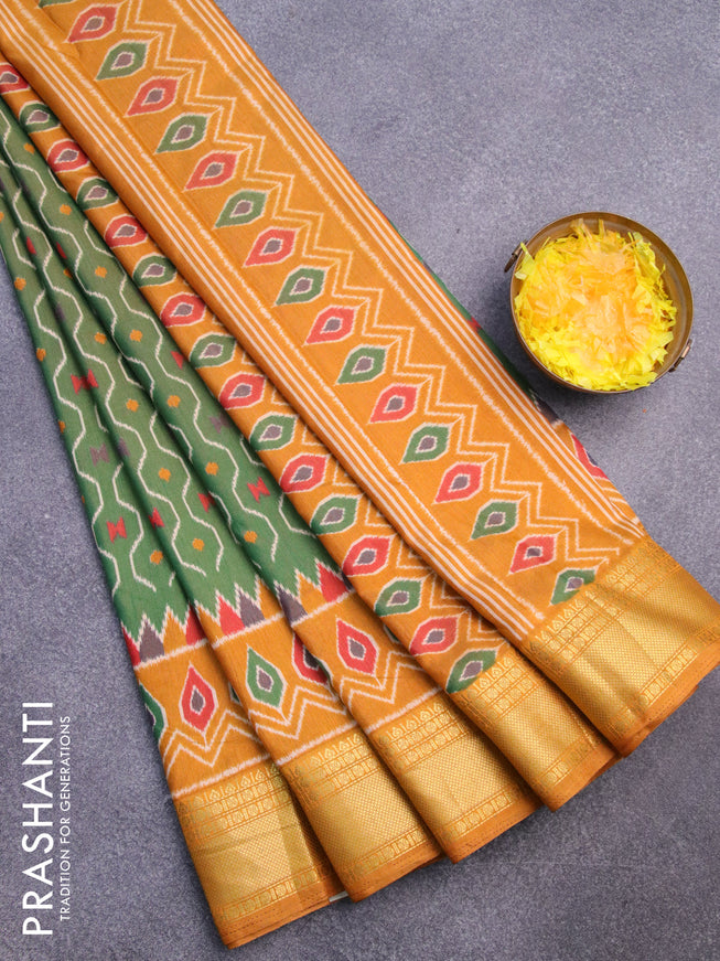 Semi tussar saree green shade and mustard shade with allover prints and zari woven border