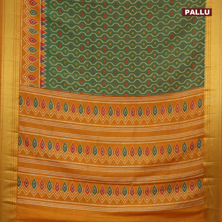 Semi tussar saree green shade and mustard shade with allover prints and zari woven border