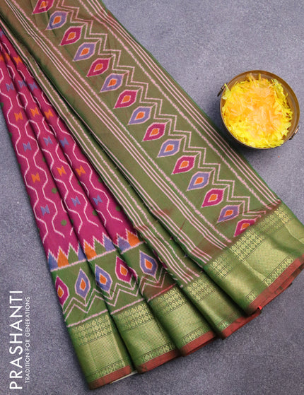 Semi tussar saree dark magenta pink and dual shade of green with allover prints and zari woven border