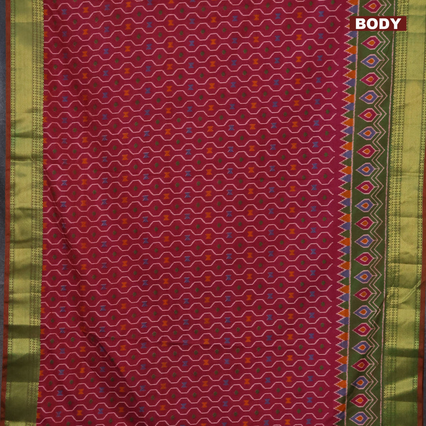 Semi tussar saree dark magenta pink and dual shade of green with allover prints and zari woven border