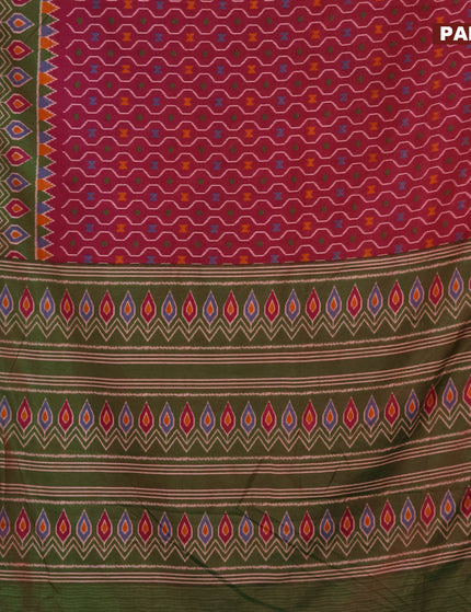 Semi tussar saree dark magenta pink and dual shade of green with allover prints and zari woven border