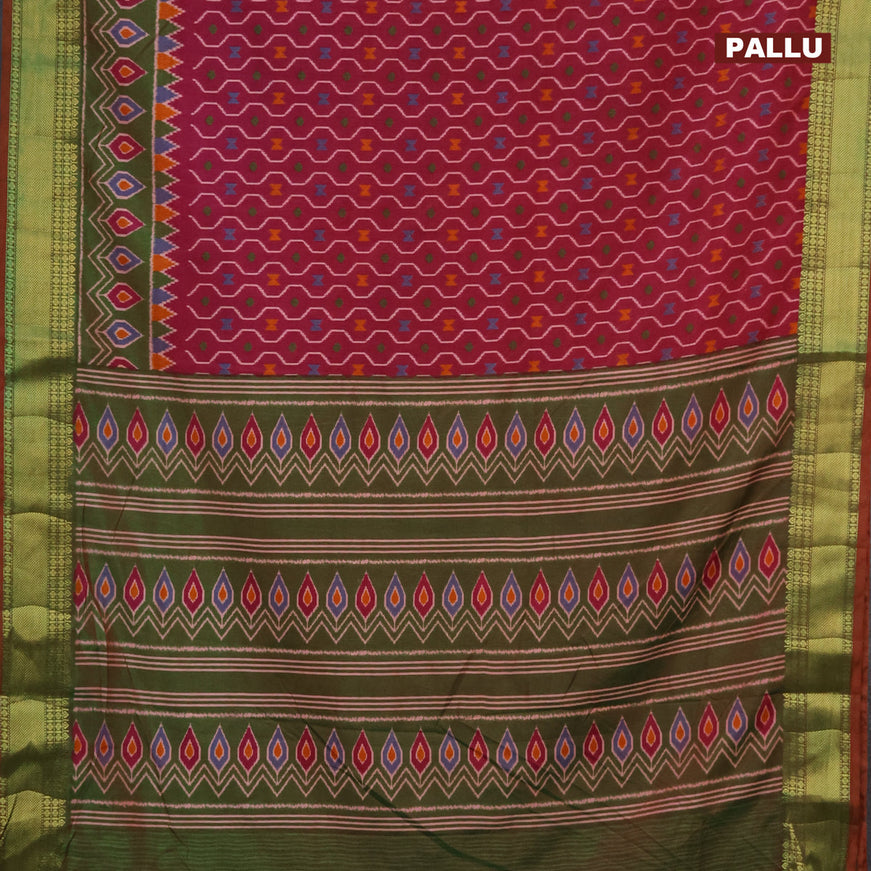 Semi tussar saree dark magenta pink and dual shade of green with allover prints and zari woven border