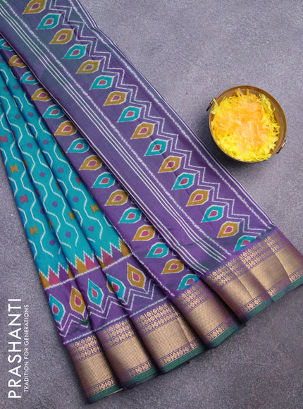 Semi tussar saree teal blue and dual shade of purple with allover prints and zari woven border