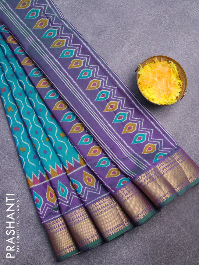 Semi tussar saree teal blue and dual shade of purple with allover prints and zari woven border