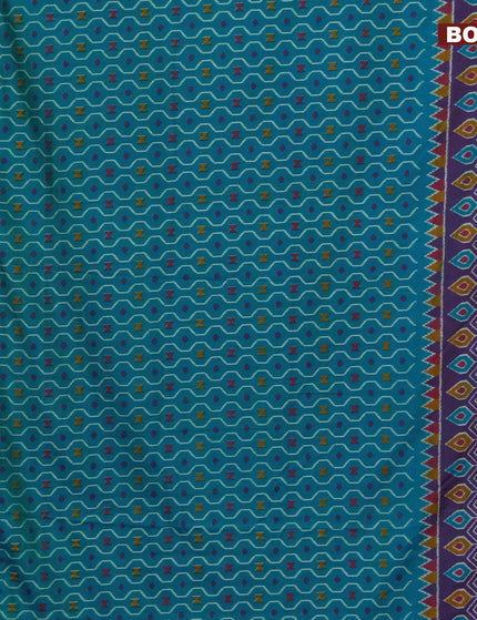 Semi tussar saree teal blue and dual shade of purple with allover prints and zari woven border