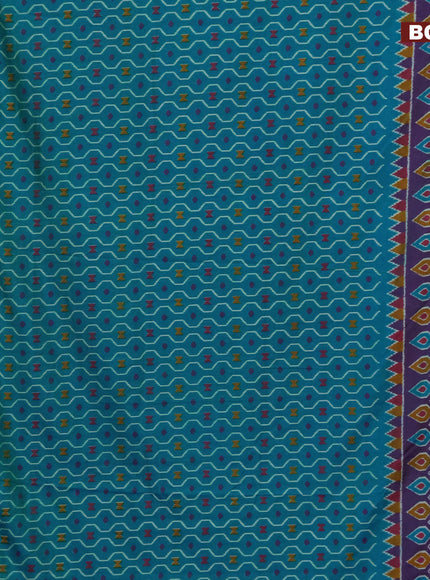 Semi tussar saree teal blue and dual shade of purple with allover prints and zari woven border