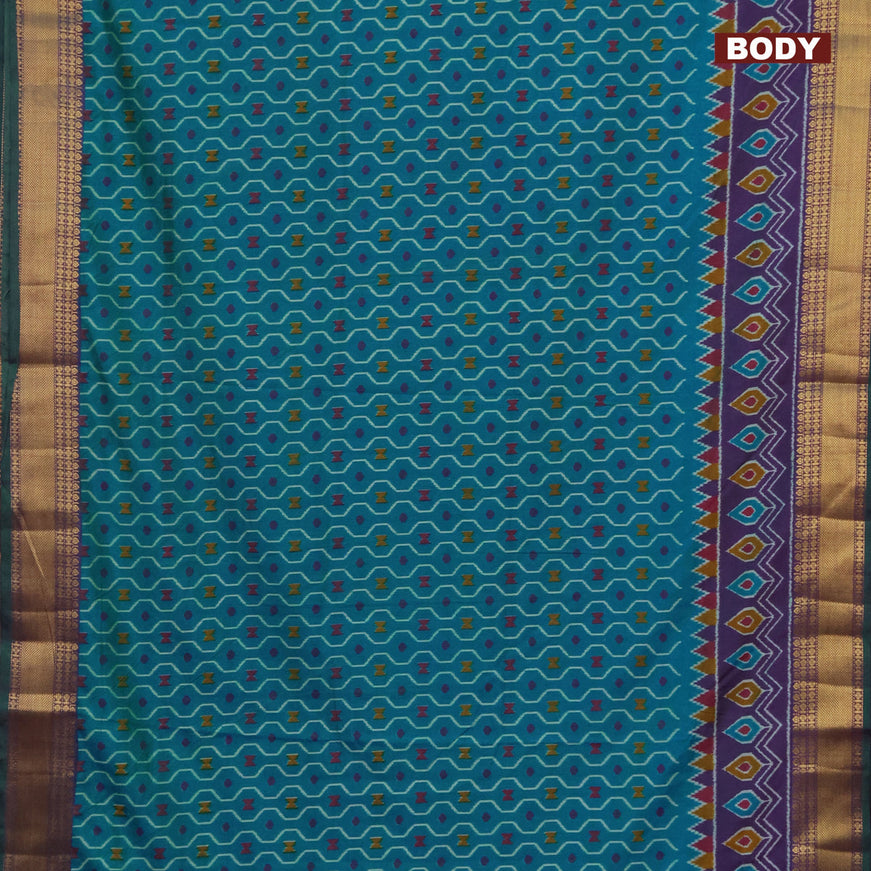 Semi tussar saree teal blue and dual shade of purple with allover prints and zari woven border