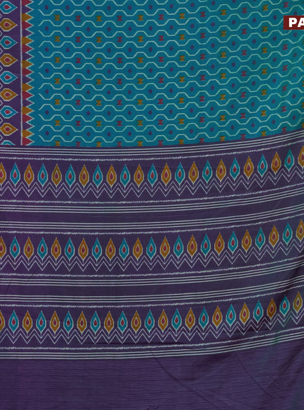 Semi tussar saree teal blue and dual shade of purple with allover prints and zari woven border