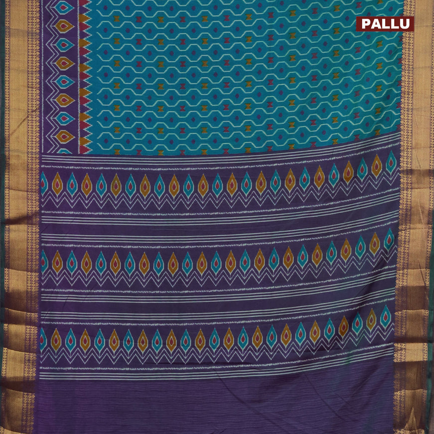 Semi tussar saree teal blue and dual shade of purple with allover prints and zari woven border