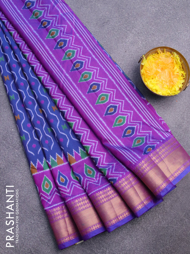 Semi tussar saree blue and purple with allover prints and zari woven border