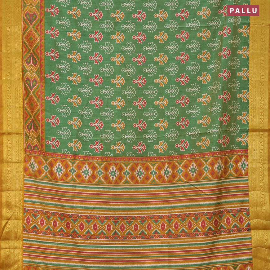 Semi tussar saree green and mustard shade with butta prints and zari woven border