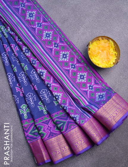 Semi tussar saree dark blue and purple with butta prints and zari woven border