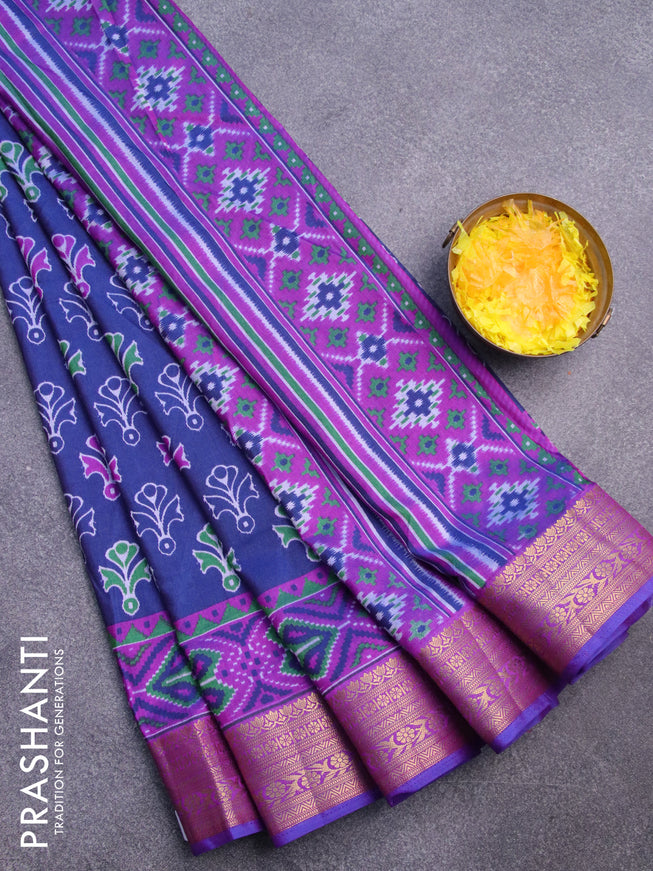 Semi tussar saree dark blue and purple with butta prints and zari woven border