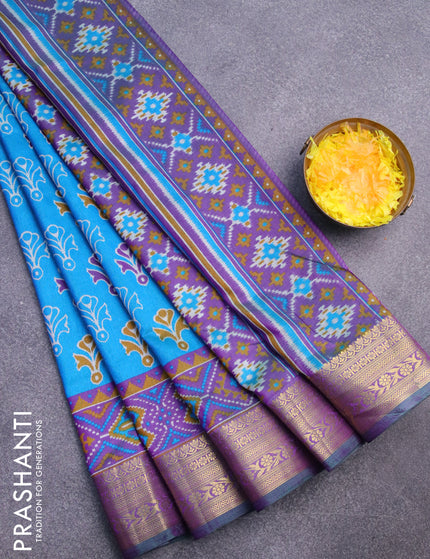 Semi tussar saree cs blue and dual shade of purple with butta prints and zari woven border