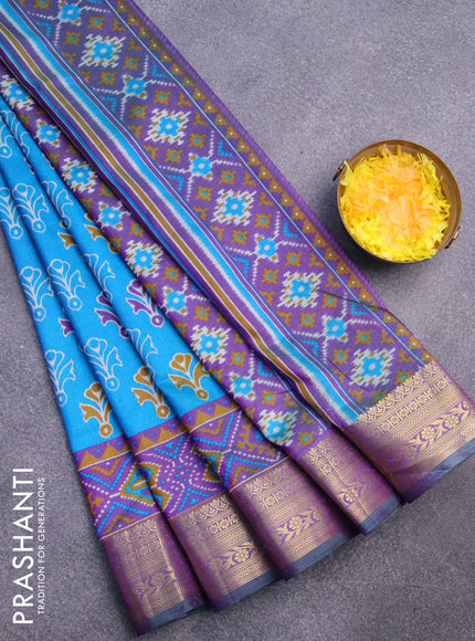 Semi tussar saree cs blue and dual shade of purple with butta prints and zari woven border