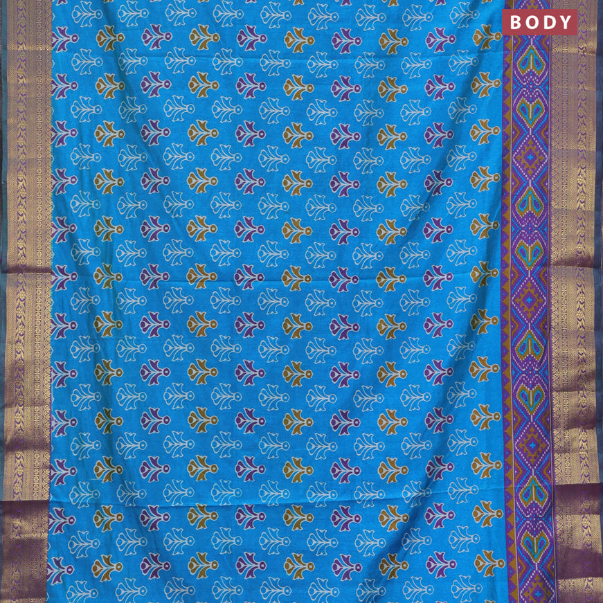 Semi tussar saree cs blue and dual shade of purple with butta prints and zari woven border