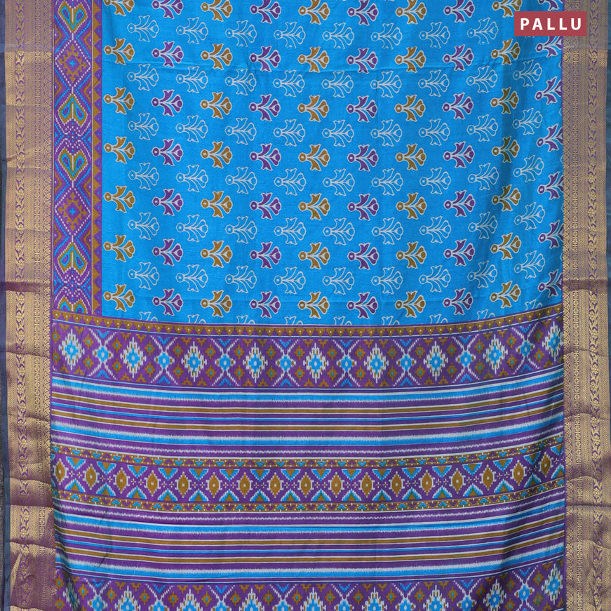 Semi tussar saree cs blue and dual shade of purple with butta prints and zari woven border