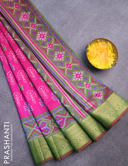 Semi tussar saree pink and dual shade of green with butta prints and zari woven border