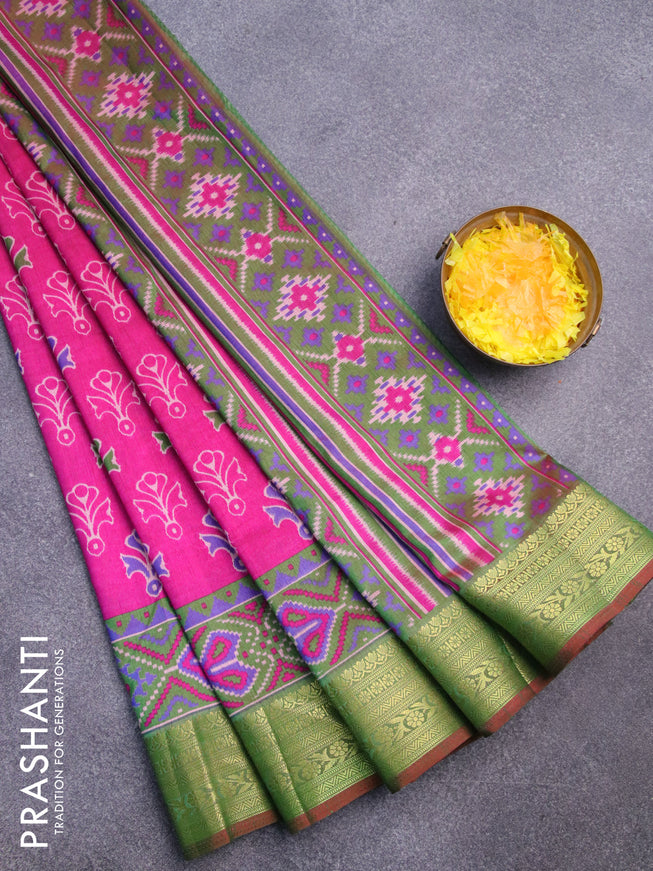 Semi tussar saree pink and dual shade of green with butta prints and zari woven border