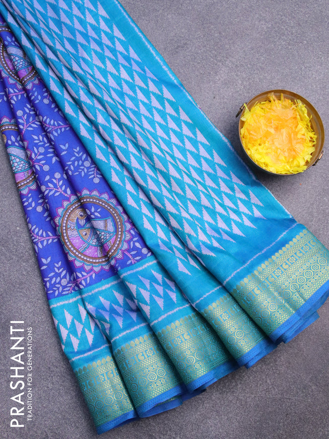 Semi tussar saree blue and teal blue with allover madhupani prints and zari woven border