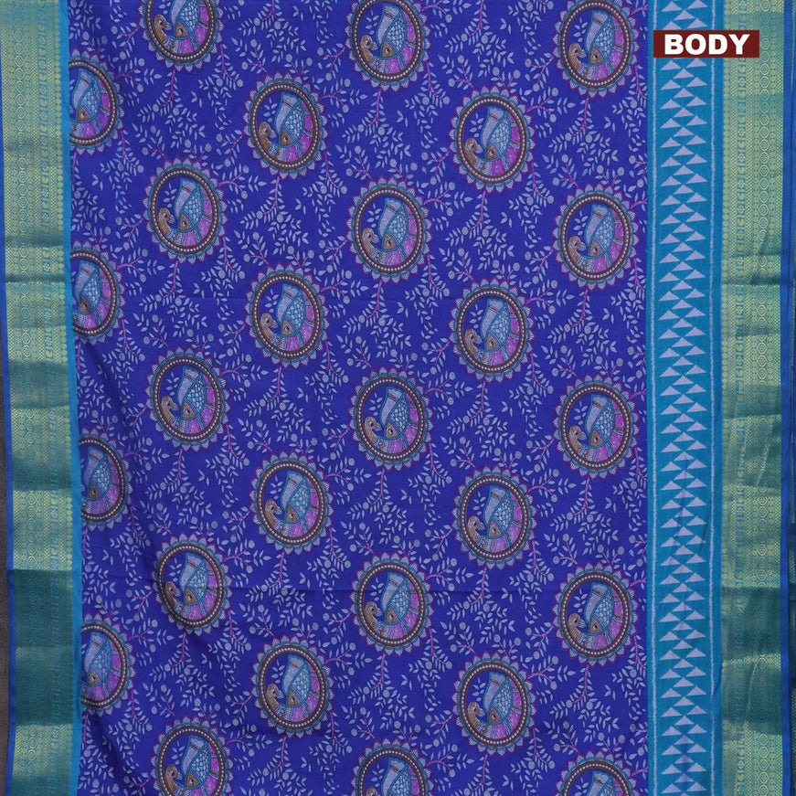 Semi tussar saree blue and teal blue with allover madhupani prints and zari woven border