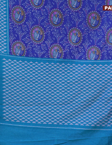 Semi tussar saree blue and teal blue with allover madhupani prints and zari woven border