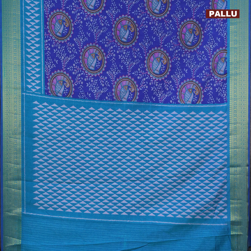 Semi tussar saree blue and teal blue with allover madhupani prints and zari woven border