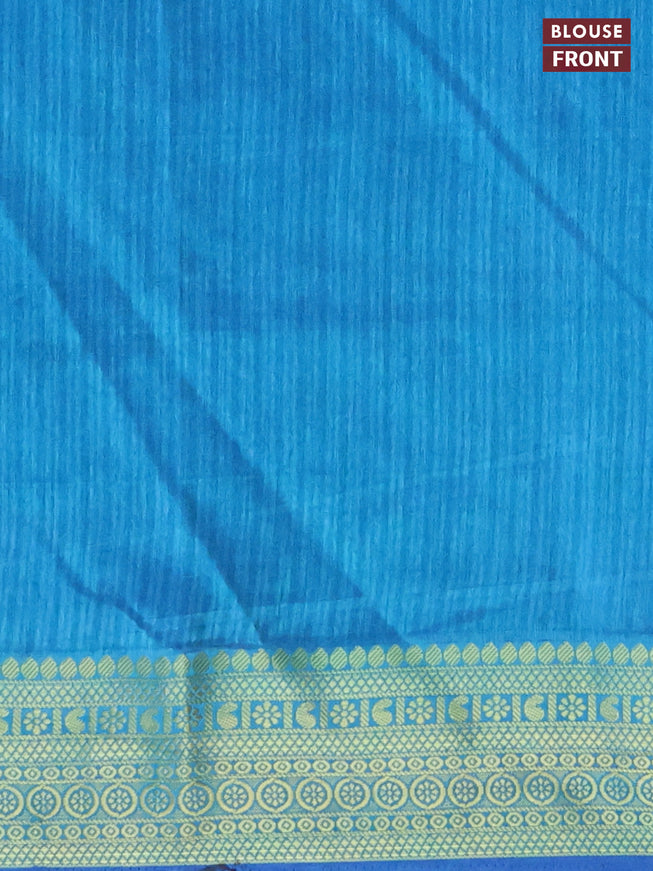 Semi tussar saree blue and teal blue with allover madhupani prints and zari woven border