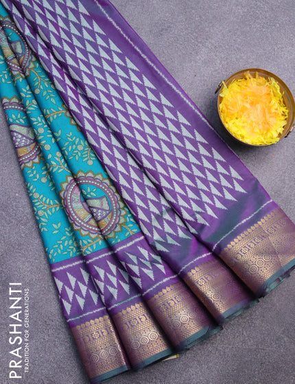 Semi tussar saree teal green and dual shade of violet with allover madhupani prints and zari woven border