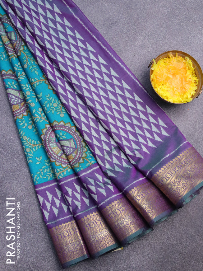 Semi tussar saree teal green and dual shade of violet with allover madhupani prints and zari woven border