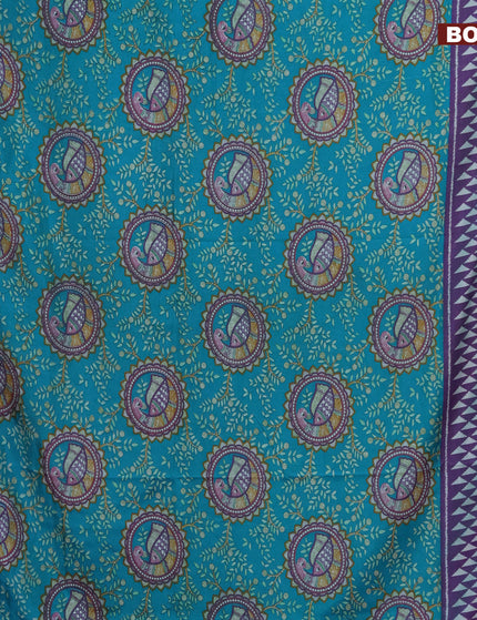 Semi tussar saree teal green and dual shade of violet with allover madhupani prints and zari woven border