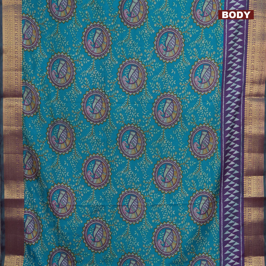 Semi tussar saree teal green and dual shade of violet with allover madhupani prints and zari woven border