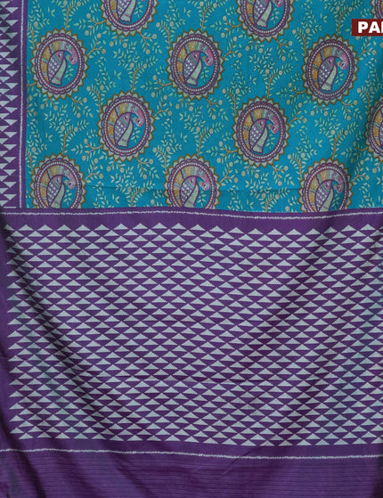 Semi tussar saree teal green and dual shade of violet with allover madhupani prints and zari woven border