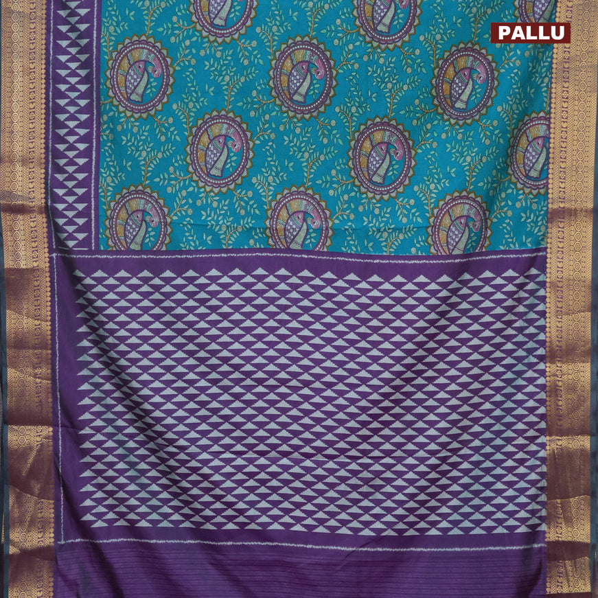 Semi tussar saree teal green and dual shade of violet with allover madhupani prints and zari woven border