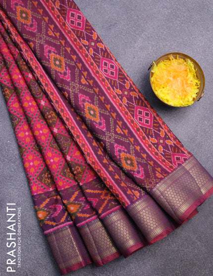 Semi tussar saree pink and dual shade of bluish maroon with allover prints and zari woven border