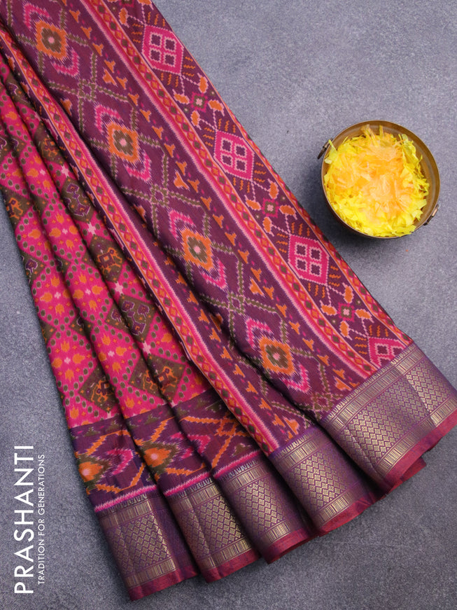 Semi tussar saree pink and dual shade of bluish maroon with allover prints and zari woven border