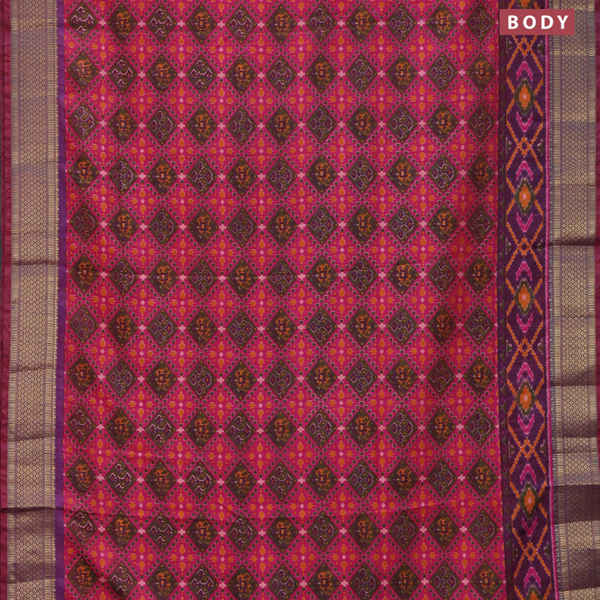 Semi tussar saree pink and dual shade of bluish maroon with allover prints and zari woven border