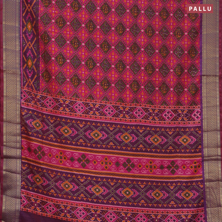 Semi tussar saree pink and dual shade of bluish maroon with allover prints and zari woven border