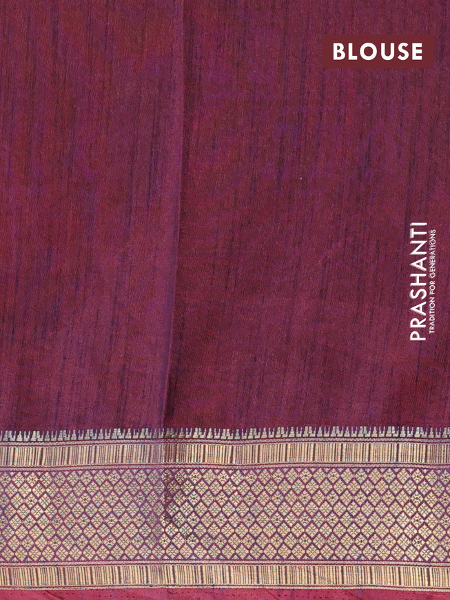 Semi tussar saree pink and dual shade of bluish maroon with allover prints and zari woven border