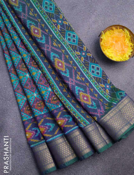 Semi tussar saree teal blue and dual shade of greenish violet with allover prints and zari woven border