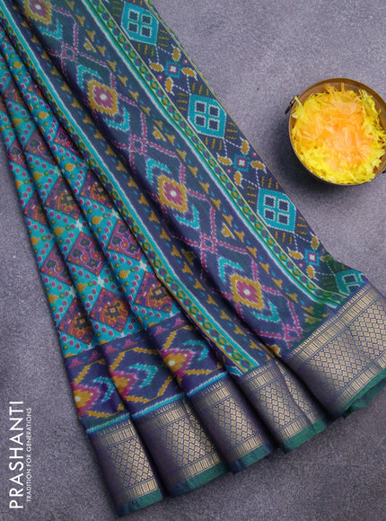 Semi tussar saree teal blue and dual shade of greenish violet with allover prints and zari woven border