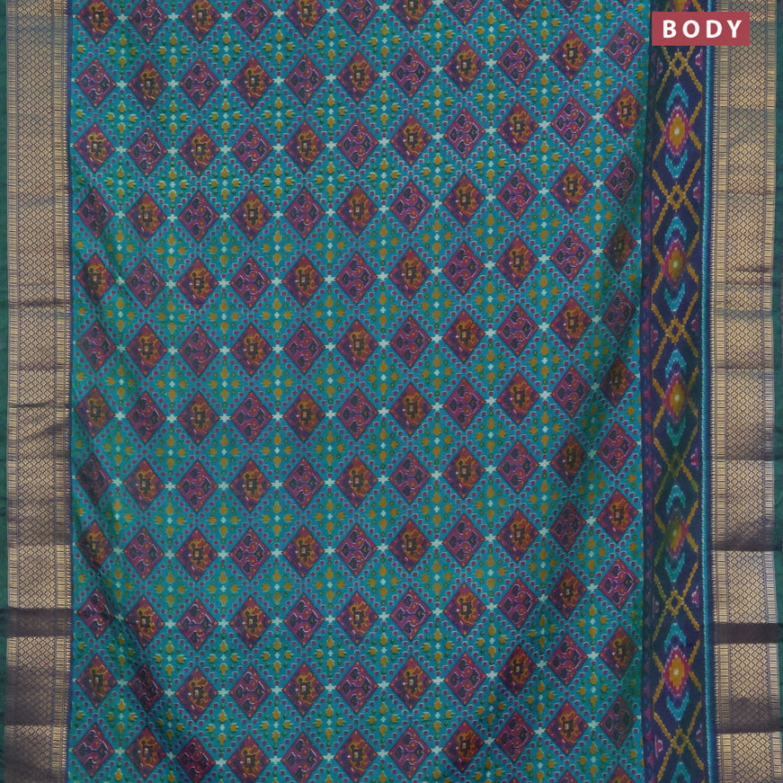 Semi tussar saree teal blue and dual shade of greenish violet with allover prints and zari woven border