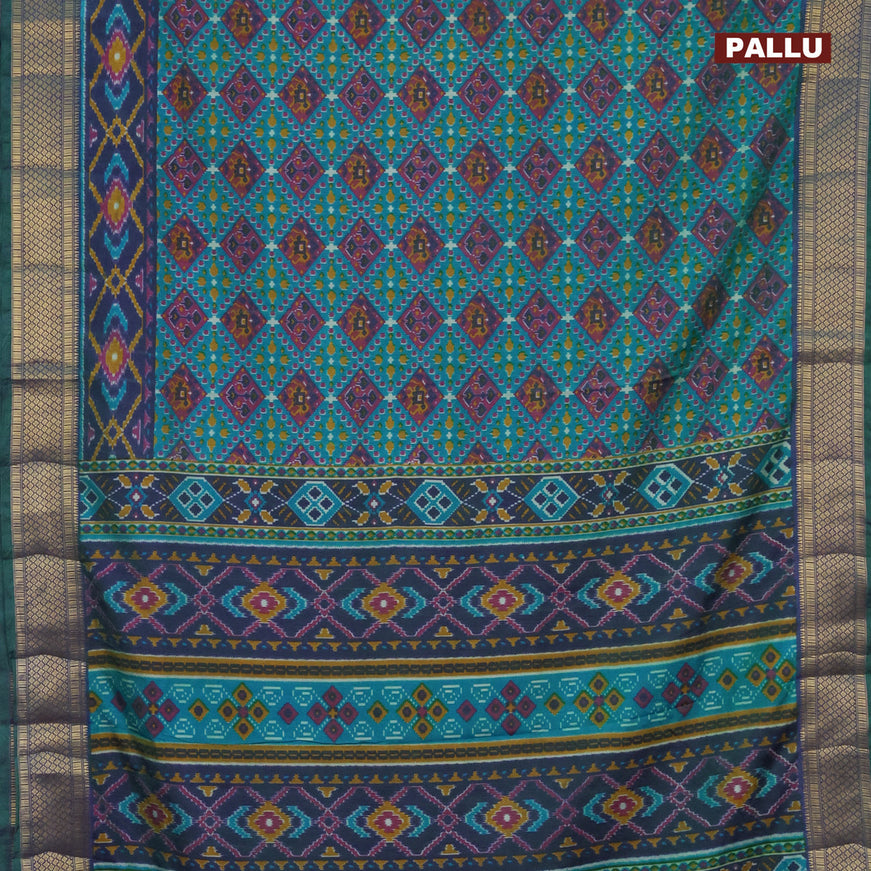 Semi tussar saree teal blue and dual shade of greenish violet with allover prints and zari woven border