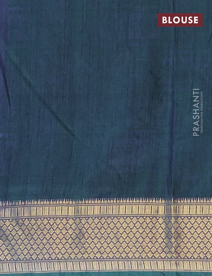 Semi tussar saree teal blue and dual shade of greenish violet with allover prints and zari woven border