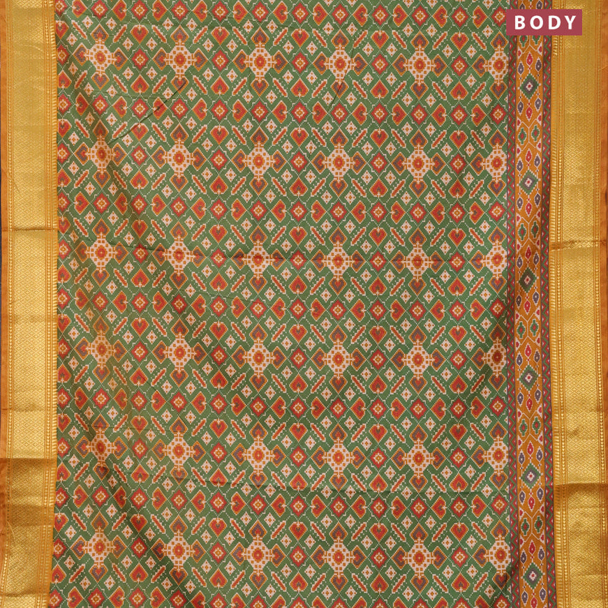 Semi tussar saree green and dark mustard with allover ikat prints and zari woven border