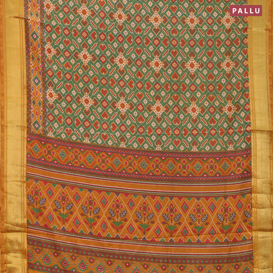 Semi tussar saree green and dark mustard with allover ikat prints and zari woven border