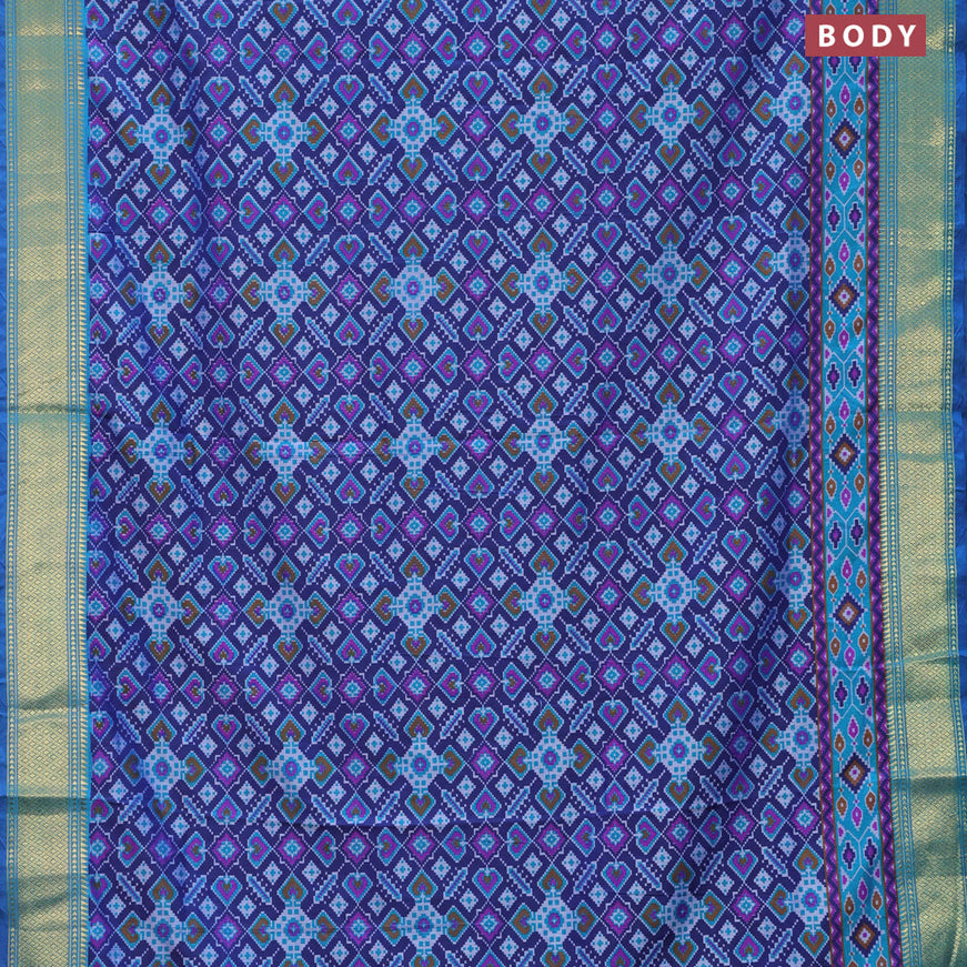 Semi tussar saree dark blue and teal blue with allover ikat prints and zari woven border