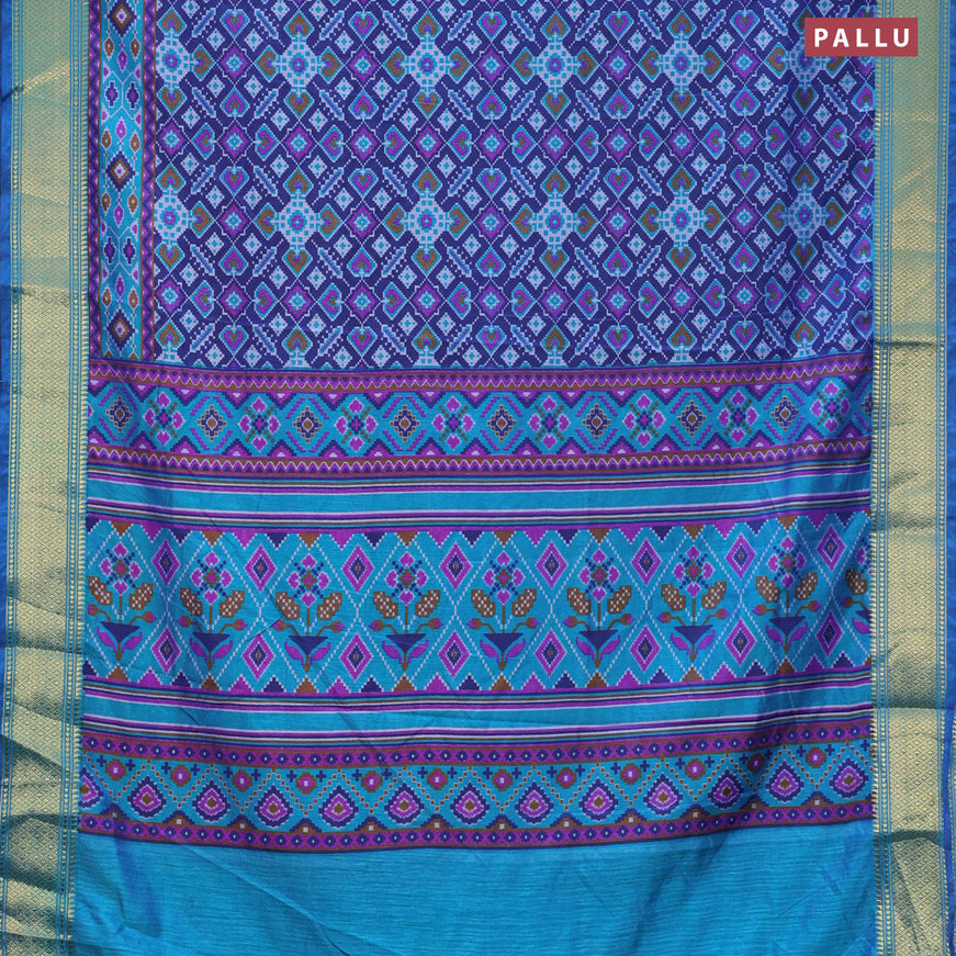 Semi tussar saree dark blue and teal blue with allover ikat prints and zari woven border