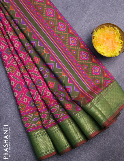 Semi tussar saree pink and dual shade of greenish maroon with allover ikat prints and zari woven border